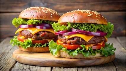 Two Delicious Cheeseburgers on Wood
