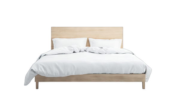 A modern. minimalist wooden bed with a white duvet and pillows. positioned centrally against a plain background. conveying a sense of comfort and tranquility for interior design purposes