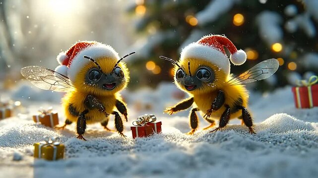 Two festive bees exchanging gifts in snowy setting