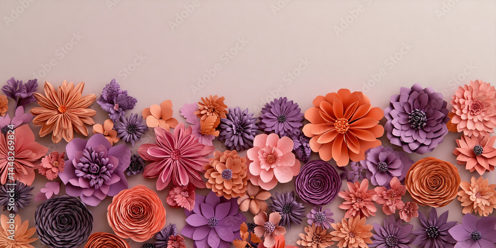 Poster array of paper flowers in orange and purple hues on a light pink background, creating a floral borde