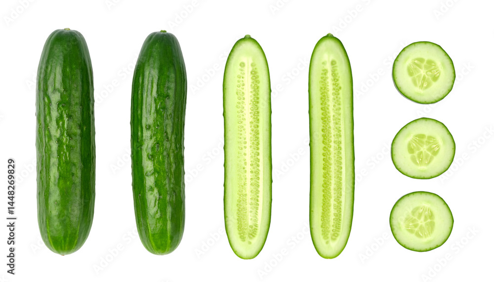 Aufkleber whole cucumbers, halved cucumbers and cucumber slices isolated on transparent background