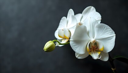 close up view of white orchid flowers isolated on grey