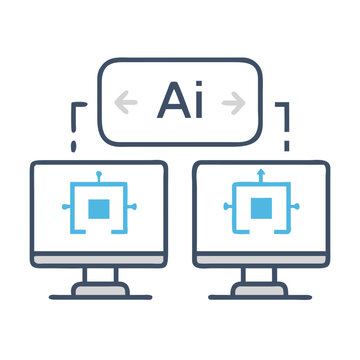 Dual Screens with AI Chip Icon Representing Synchronized Data Processing and AI Integration