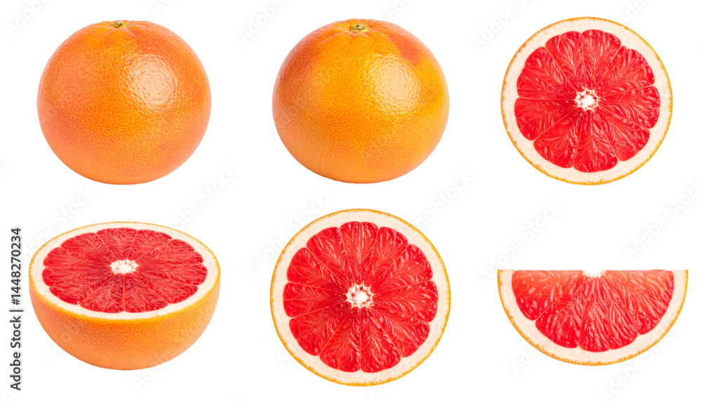 Poster set of whole, half, slice and wedge of grapefruit with transparent background
