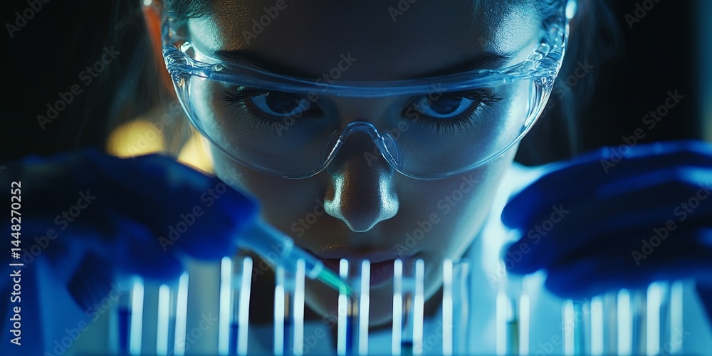 Poster a scientist focused on examining samples under a microscope. the scene represents the intense and pr