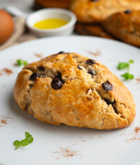 Triangular English scones with dark chocolate chips.