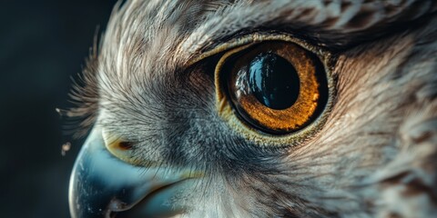 The eye of a falcon is captured in close-up, showing the intricate details and sharpness.