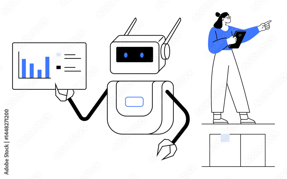 Poster robot sharing analytics chart while pointing at a woman with a tablet overseeing tasks. ideal for ar