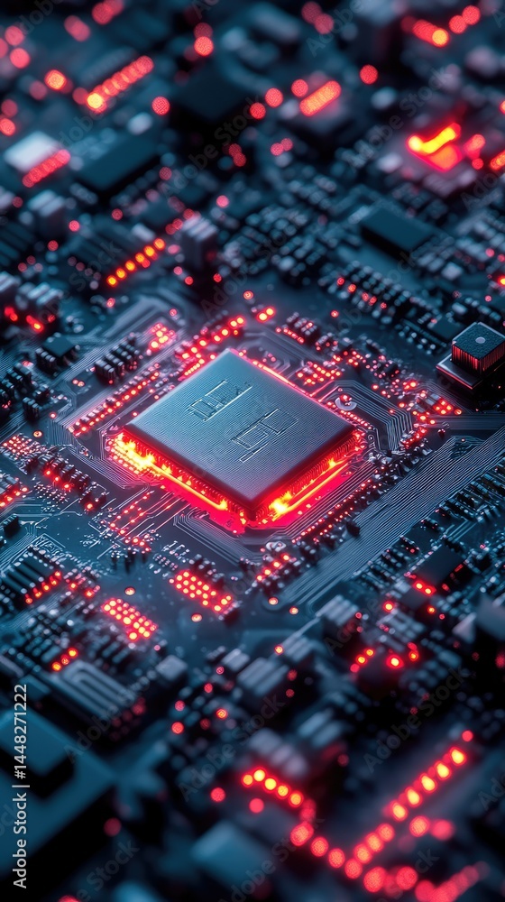 Poster high-tech circuit board with glowing processor. detailed close-up view of intricate electronic compo