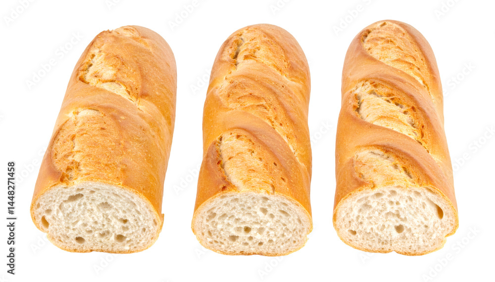 Poster set of three baguettes showing whole, half and slice on transparent background