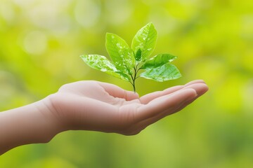 Hand holding a small green plant with vibrant leaves against a blurred natural background