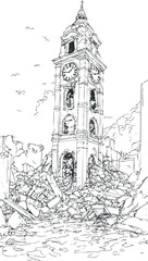 Black and white line art of a clock tower standing amid rubble and ruins after destruction in an urban setting