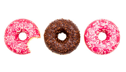 Delicious donuts with pink and chocolate icing isolated on transparent background