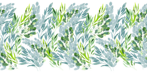 Watercolor seamless pattern with green spring plants with carved leaves