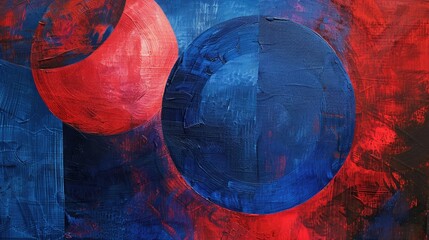 Abstract painting featuring red and blue circular shapes with textured brush strokes.