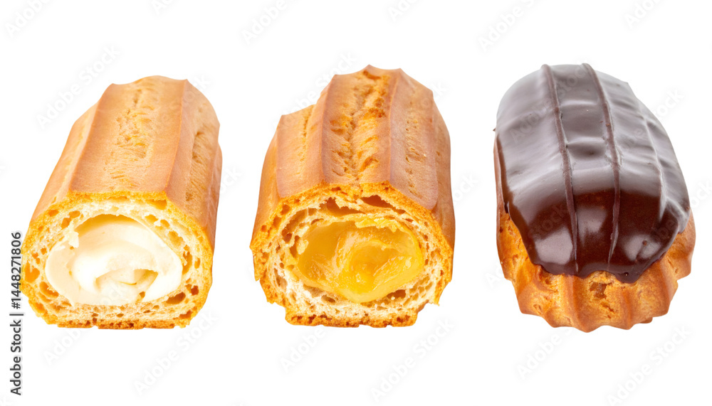 Poster set of three eclairs showing whole, half and filling exposed on transparent background