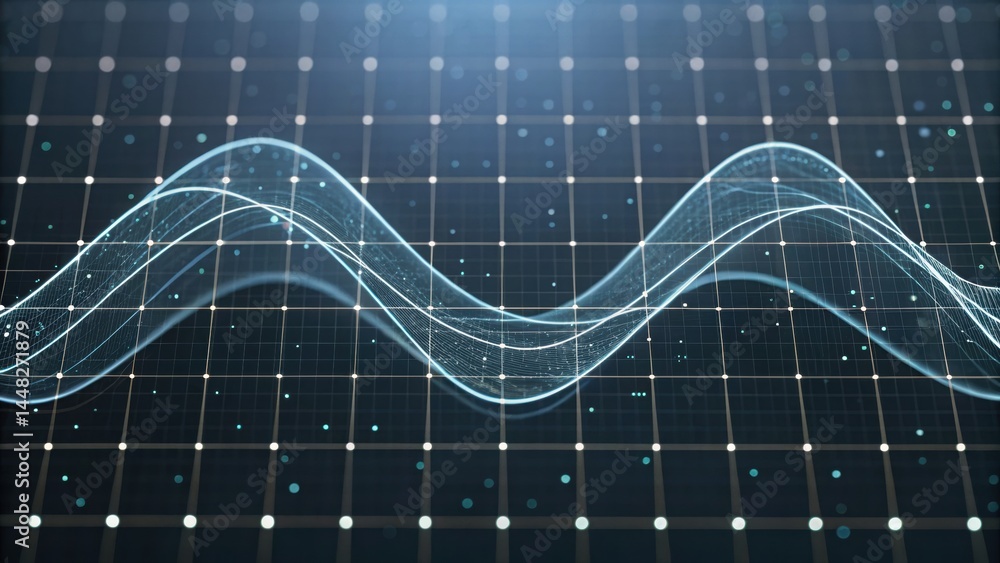 Poster digital data visualization with dynamic waveforms and grid background representing technology, analy