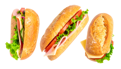Three sandwiches with ham, cheese, tomato, lettuce and cucumber, whole, half and bitten, isolated on transparent background