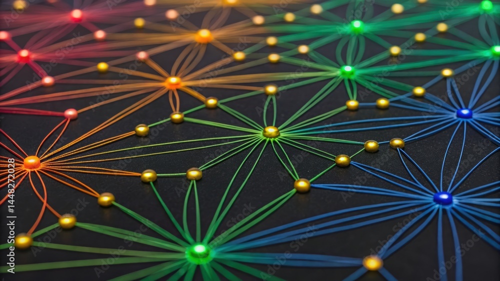 Poster digital interconnected network visualization with colorful glowing nodes and lines representing tech