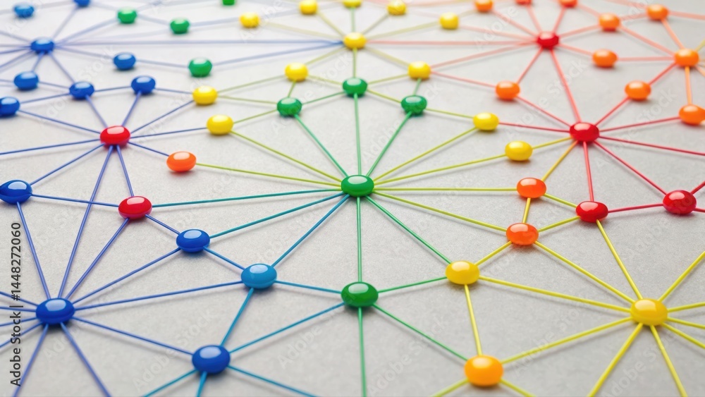 Poster colorful connected nodes network diagram with multicolored lines and circles illustrating communicat