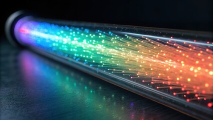 Obraz premium Close-up of a rainbow-colored fiber optic cable with glowing light emission illustrating data transmission and high-speed internet technology in a dark environment