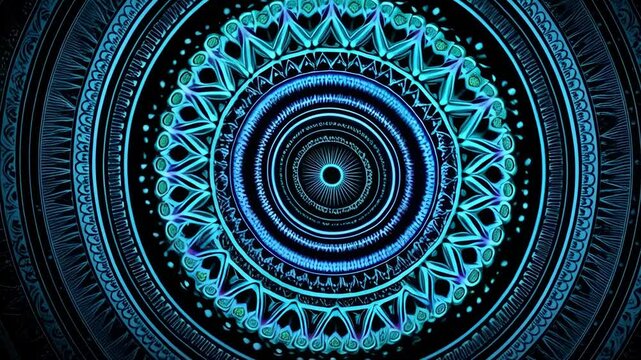 Hypnotic circles and patterns in shades of cyan, teal, and dark black; abstract psychedelic trance with mandala and tribal motif elements