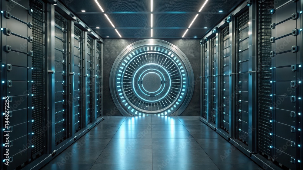 Poster modern data center corridor with server racks illuminated by blue led lights creating a high-tech fu
