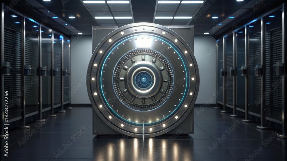Poster modern high security data vault with illuminated circular locking mechanism in server room surrounde