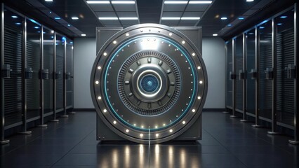 Modern high security data vault with illuminated circular locking mechanism in server room surrounded by server racks and advanced electronic storage