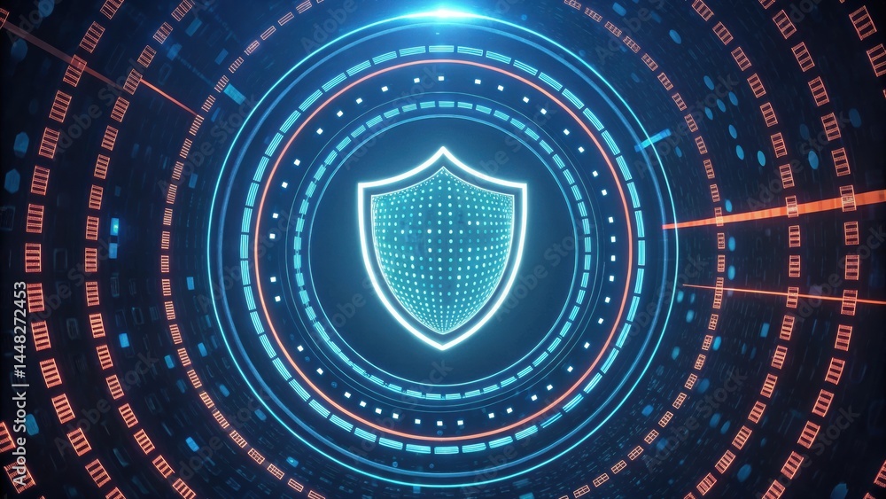 Poster high tech digital security shield icon with cybersecurity interface in futuristic blue design for da