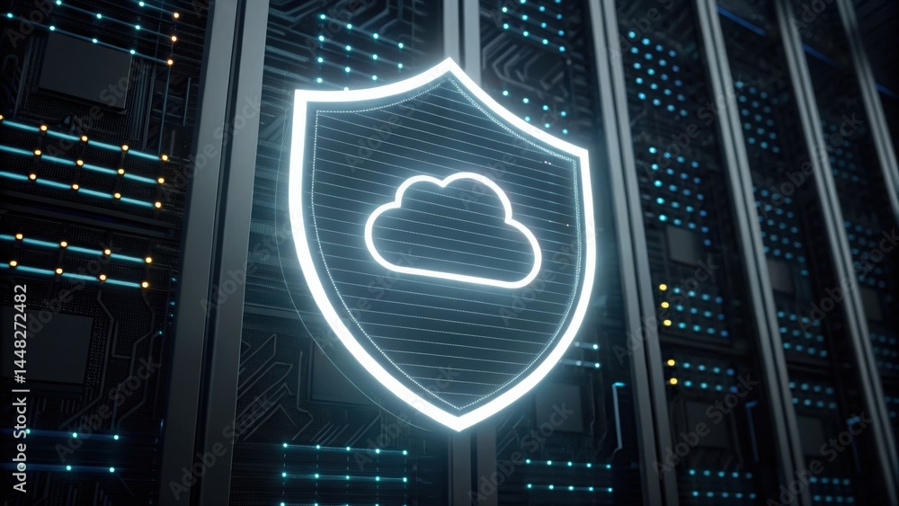 Poster digital data security concept featu a glowing shield with a cloud icon representing protection of cl