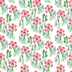 Watercolor seamless pattern with green spring plants with carved leaves