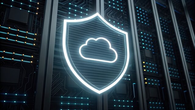 Digital data security concept featu a glowing shield with a cloud icon representing protection of cloud storage and information in modern network infrastructure