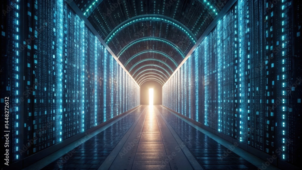 Poster futuristic digital tunnel with glowing blue data streams and digital code walls creating a high tech