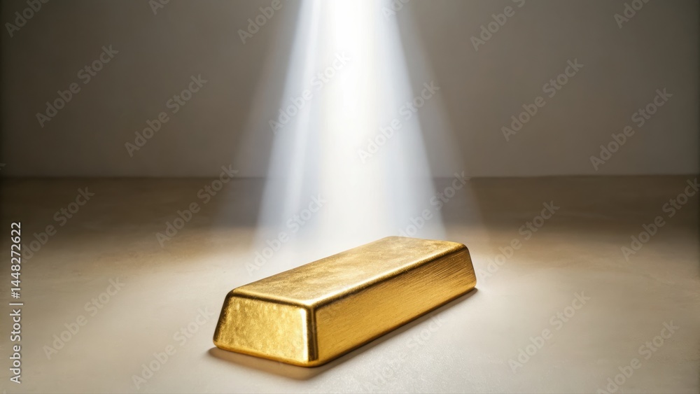 Poster a shiny gold bar resting on a smooth surface with a bright spotlight shining down from above highlig