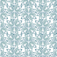 Watercolor seamless pattern with green spring plants with carved leaves