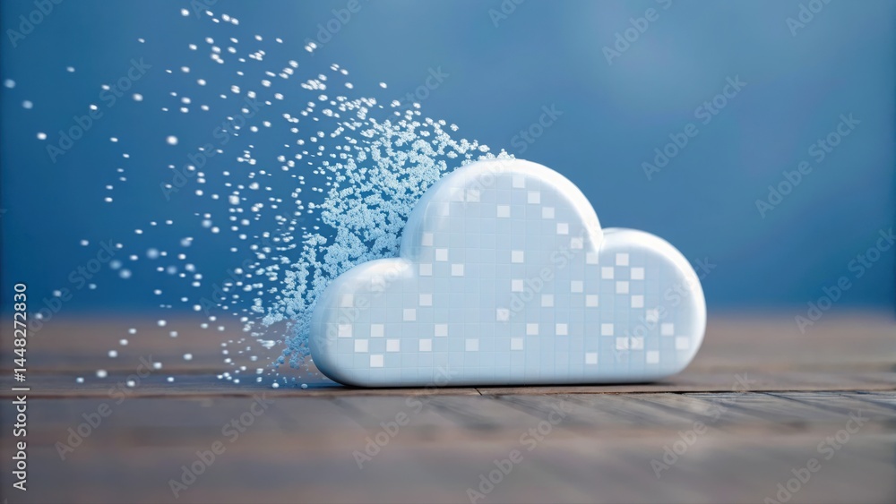 Poster digital cloud computing concept with pixelated effects and data particles on wooden surface for tech