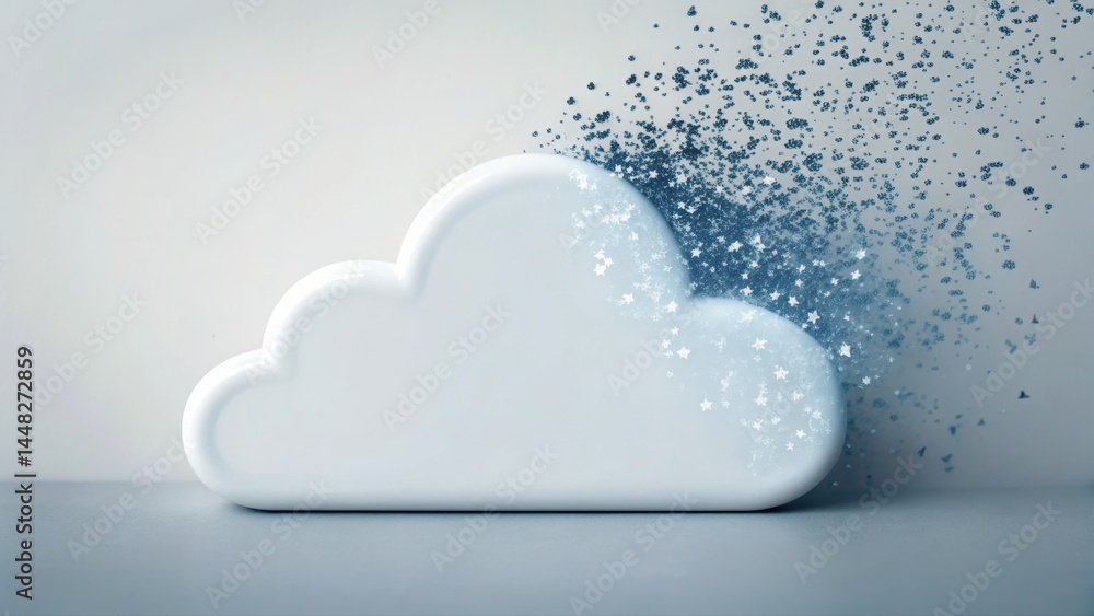 Poster cloud symbol breaking apart into digital particles illustrating data transfer and cloud computing te