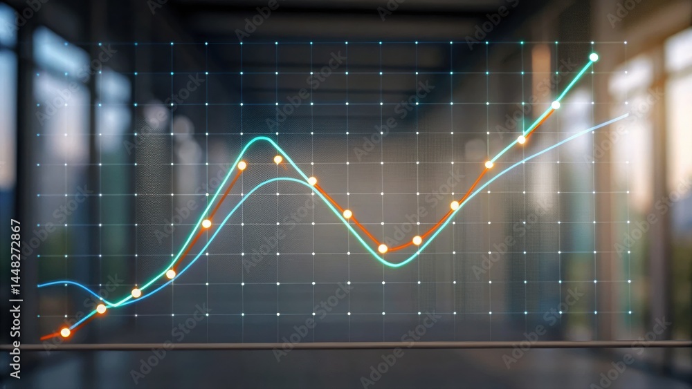 Poster modern digital graphical chart with rising trend lines and data points displayed over blurred office