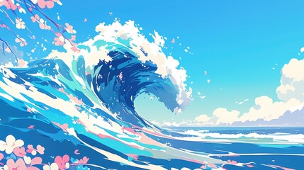 A vibrant wave crashing in a serene ocean, adorned with cherry blossoms.