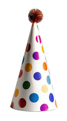 A colorful party hat adorned with polka dots and a vibrant pom-pom on top. set against a neutral background. symbolizing celebration and festive occasions
