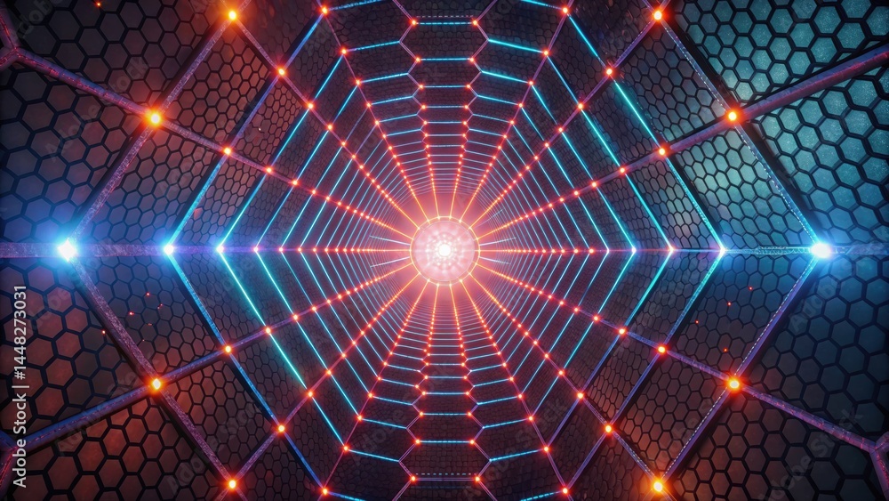 Poster futuristic digital tunnel with glowing neon hexagonal patterns and radial light lines creating a sen