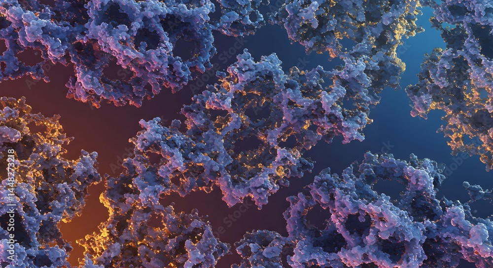 Poster detailed molecular structure rendering with intricate folds and vibrant colors