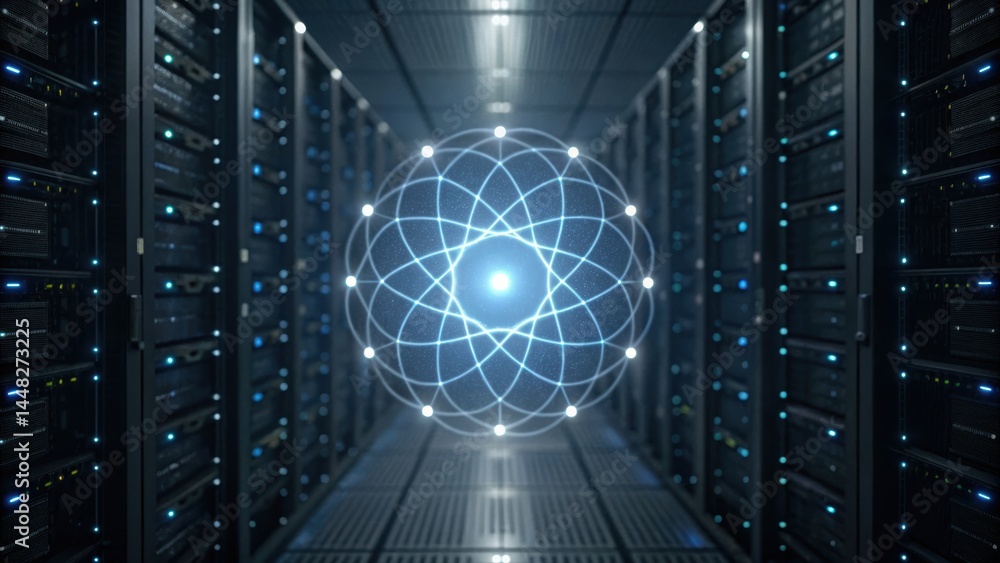 Poster high tech futuristic data server room with digital neon atom symbol hologram representing advanced q