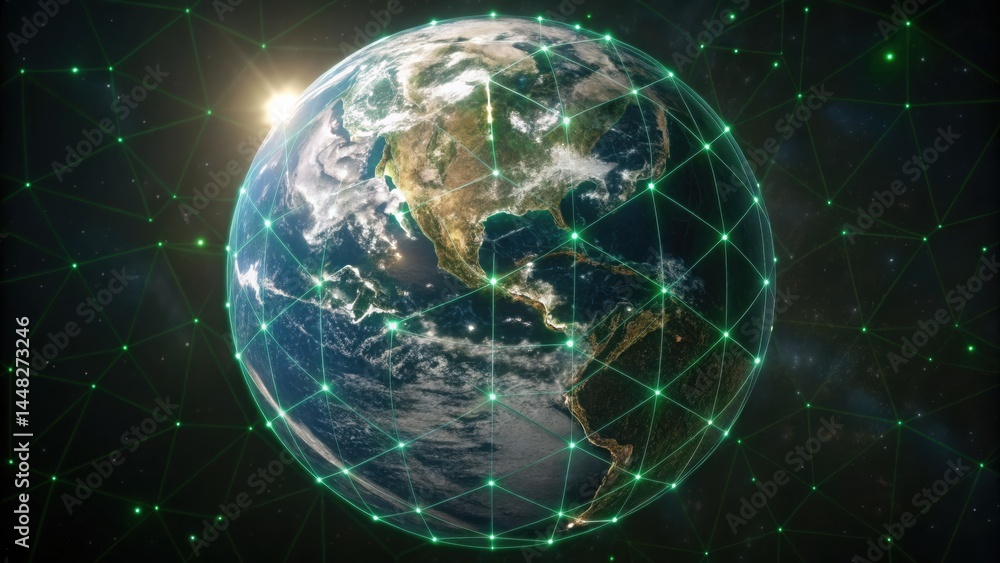 Poster digital earth globe with interconnected data points and glowing network lines representing global co
