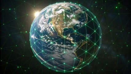 Obraz premium Digital Earth globe with interconnected data points and glowing network lines representing global connectivity and technological innovation concepts