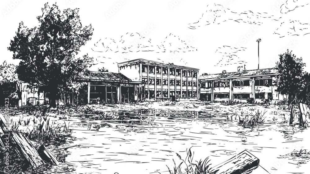 Poster black and white sketch of a pond with trees and buildings in the background under a cloudy sky