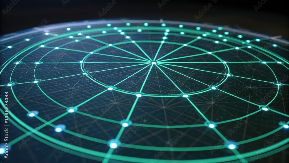Poster futuristic digital radar display with glowing circular grids and interconnected lines on dark backgr