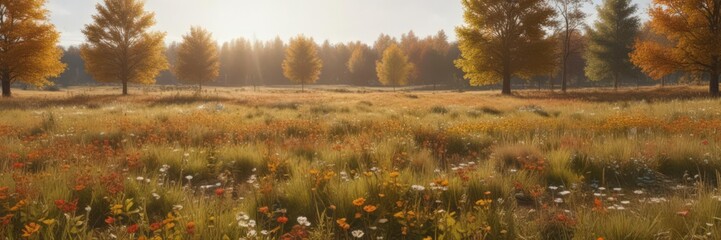 Sunlit field, scattered autumn leaves & wildflowers, yellow, light