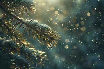 Closeup detail of snow covered pine branches mountain forest soft backlight and bokeh winter stillness